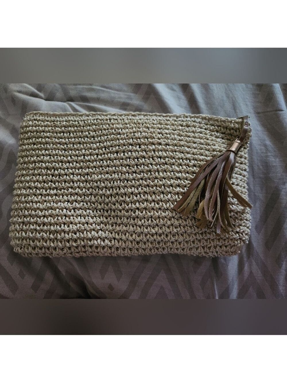 Merona Zipper Raffia / Metallic Clutch with leather tassel
